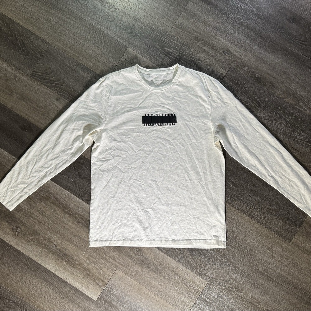 All Saints Shirt Mens Large White Long Sleeve T Shirt BOX LOGO Stamp Laminate S